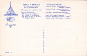 Steak n' Burger Restaurant Toronto Ontario ON Winco Ad Promo Unused Postcard E18