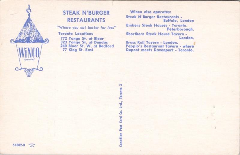 Steak n' Burger Restaurant Toronto Ontario ON Winco Ad Promo Unused Postcard E18