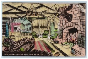 c1940 Sketch Lobby Lunch Dining Rooms Big Sur Lodge California Vintage Postcard