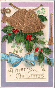 Postcard - A Merry Christmas - bells with holly mistletoe and blue bow