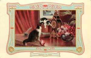 Embossed Postcard 2270 Art Nouveau Border Cats Play w/ Clock are Anxious to Help