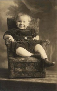 Grinning Little Boy BOWL CUT TINY CHAIR STUDIO PROP Antique RPPC