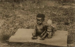 American or British? Black Child & Kewpie Doll Cute Baby Real Photo Postcard