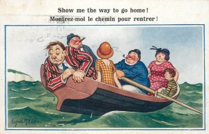Humor comic caricature postcard Belgium life boat pipe seasick funny
