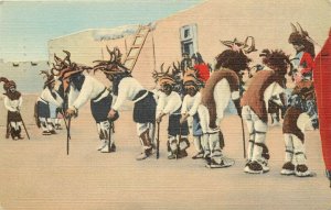 Linen Postcard; Pueblo Indians Rehearsing for Deer Dance, Native Americana