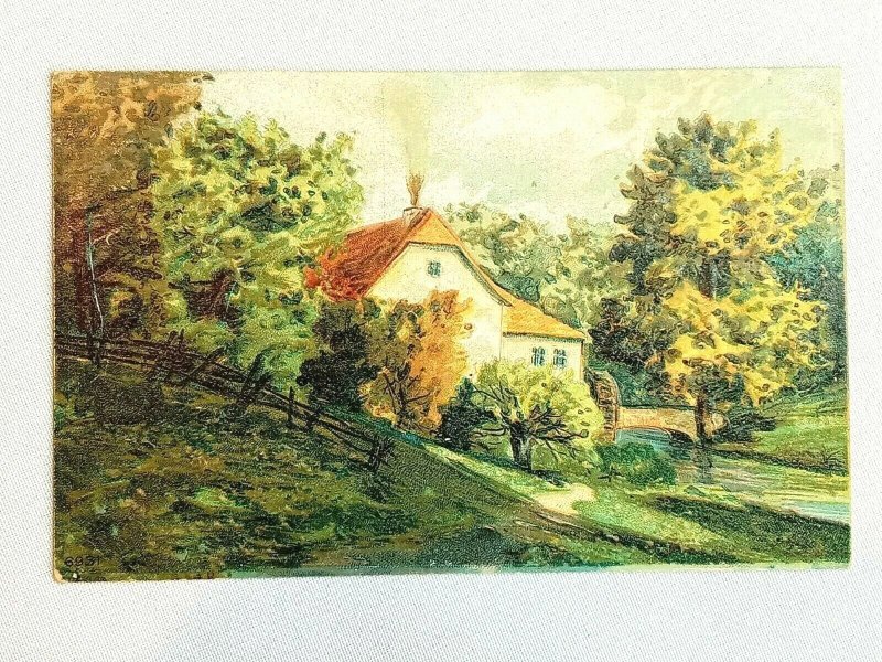 Vintage Postcard Scene of Home w/ Water Mill along Creek Painting Embossed 1910