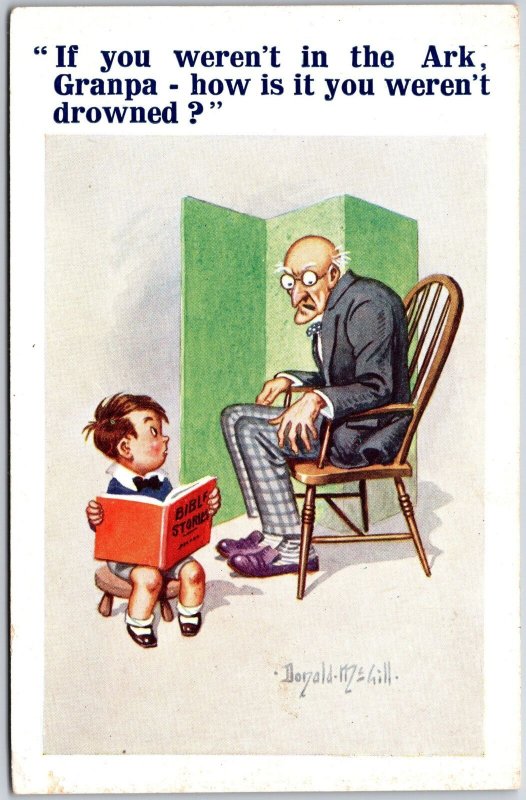 Old Man And The Child Reading The Book Signed Comic Card Postcard