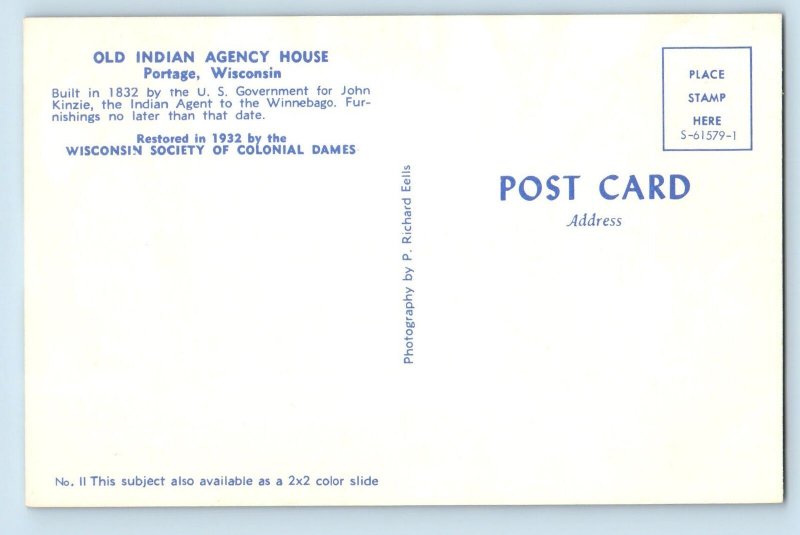 c1950 Old Indian Agency House Building Facade US Flag Portage Wisconsin Postcard
