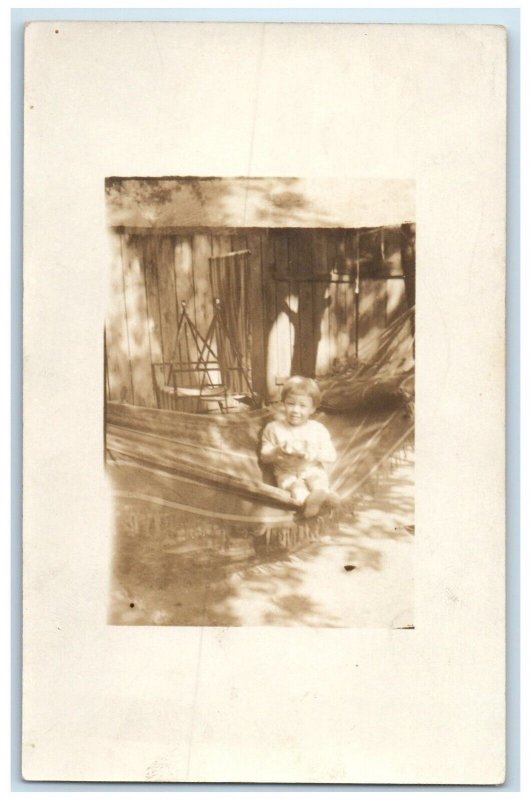 c1910's Cute Little Boy On The Hammock Unposted Antique RPPC Photo Postcard