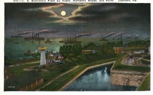 Vintage Postcard U. S. Battleship Fleet By Night Hampton Roads Old Point Comfort