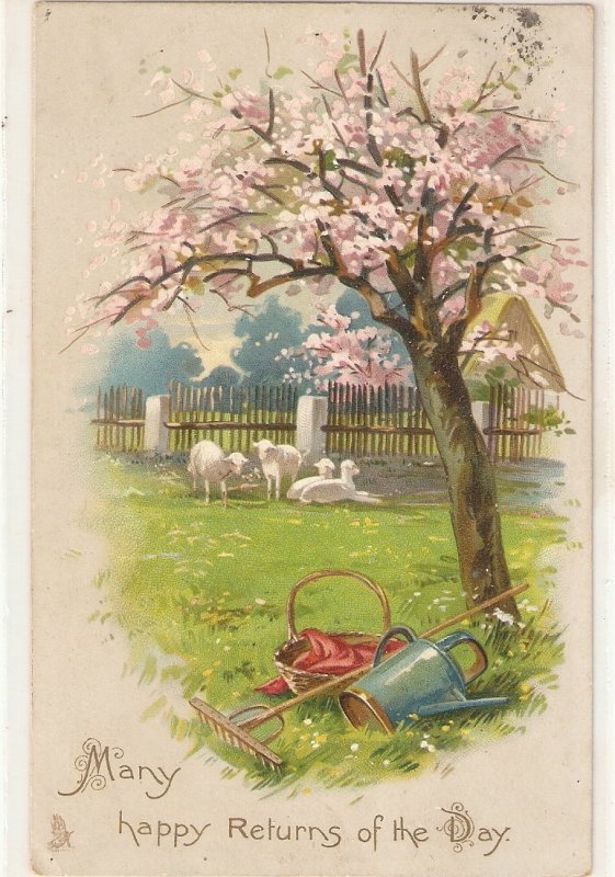 Garden with flowered tree. Lambs  Nice Tuck Birthday Series PC # 1027