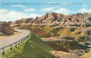 Badlands South Dakota Highway Curve Linen Postcard Unused