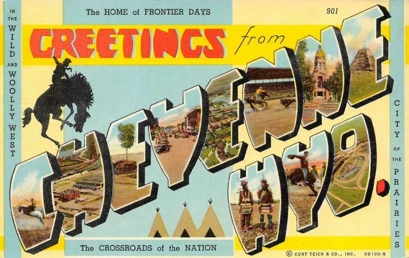 CHEYENNE Wyoming Large Letter Greetings Cowboys ca 1940s Unused Vintage Postcard