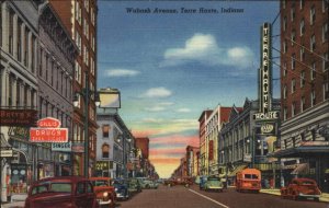 Terre Haute Indiana IN Bus Classic Cars Street Scene Linen Vintage Postcard