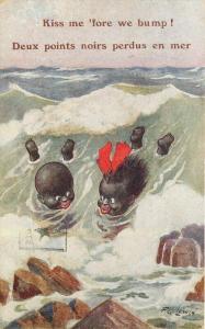 Artist impression Black Children Surf Kiss Romance Lewin 1924 Postcard 5432