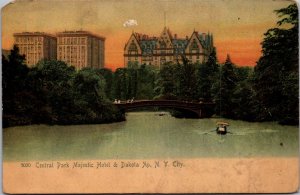 Majestic Hotel & Dakota Apartments NY from Central Park lake sunset c1905