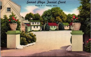 Linen Postcard Sunset Plaza Tourist Court Route 9 in Natick, Massachusetts