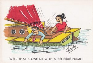 1970s Motor Boat Accident Disaster Angry Woman Driver Comic Postcard