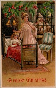 Santa Claus Looking In Window Pretty Woman Girl In Bed Christmas  Postcard X17