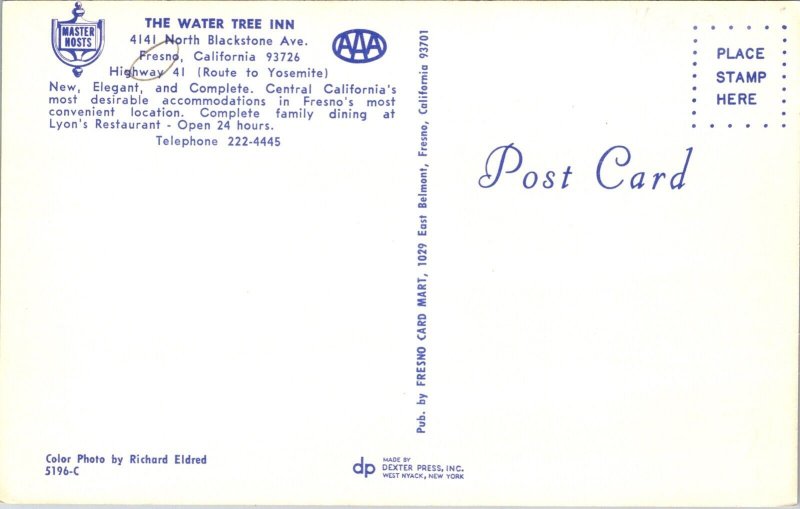 Postcard The Water Tree Inn at 4141 North Blackstone Ave in Fresno, California