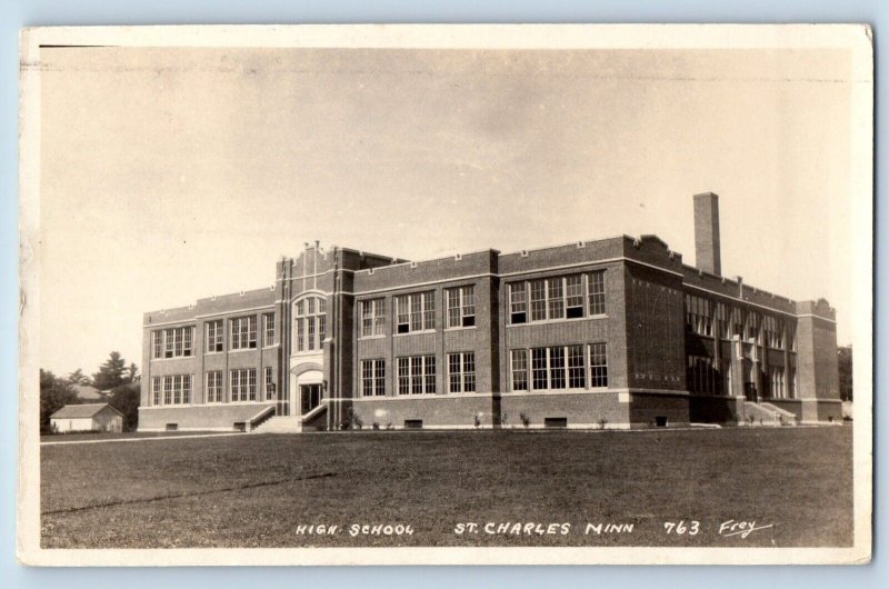 St. Charles Minnesota MN Postcard RPPC Photo High School Building Campus 1928