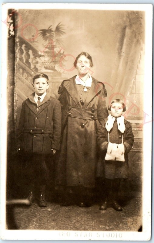 c1910s Stylish Mother Family RPPC Dapper Lad Boy Lovely Sister & Handwarmer A142