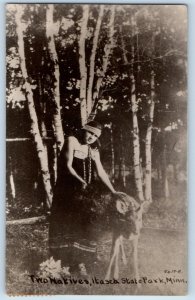 DPO Aragon MN Itasca State Park Postcard RPPC Photo Two Natives Woman And Deer