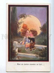 187370 Kids KISS Lovers in MOON by SPURGIN Vintage colorful PC