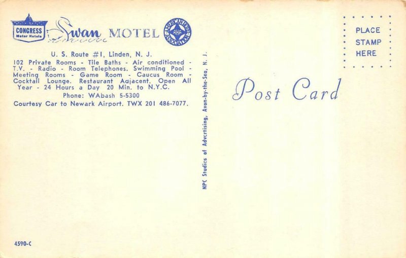 LINDEN, New Jersey NJ   SWAM MOTEL  Kids~Pool  ROADSIDE Union County Postcard