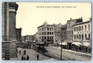 Fort Wayne Indiana IN Postcard Calhoun & Main Streets Aerial View Streetcar 1909