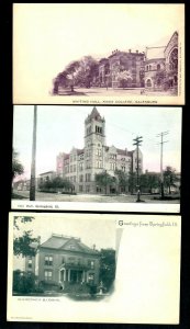 K45 Ill.3 pcs. Springfield City Hall & Governors Mansion, Galesburg Knox College