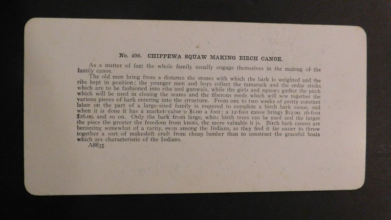 Mint Stereo Postcard Native Americans Chippewa Squaw Making Birch Canoe Indian