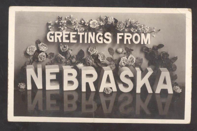RPPC GREETINGS FROM NEBRASKA LARGE LETTER FLORAL REAL PHOTO POSTCARD