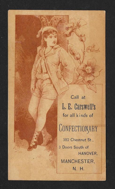 VICTORIAN TRADE CARD Carswell's Confectionary Girl & Flowers