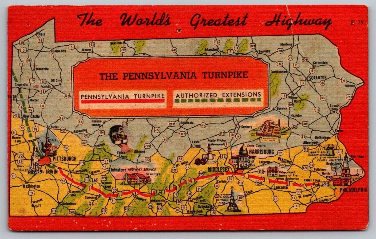 Pennsylvania Turnpike State Map Cities Roadways Landmarks Linen ...