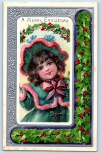 Christmas Postcard Pretty Child Girl Curly Hair And Berries West Lebanon NH