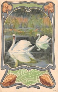 SWANS DUCKS SHELLS LAKE ART NOUVEAU POSTCARD (c. 1900)