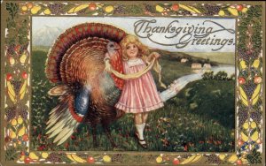 Thanksgiving Little Girl with Turkey Cornucopia Border c1910 Postcard