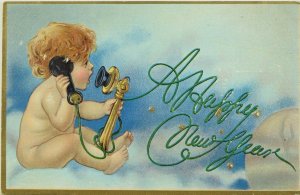 Circa 1910 New Years Candle Stick Cherub Phone Embossed Vintage Postcard P54