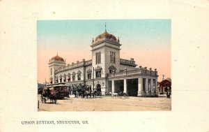 UNION STATION SAVANNAH GEORGIA TRAIN DEPOT  TROLLEY HORSES POSTCARD (c. 1910)