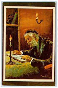 1965 Old Man Reading Book Candles Morris Katz Jewish Artist NYC Vintage Postcard