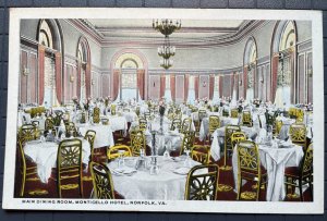 Vintage Postcard 1919 The Monticello Hotel Main Dining Room Norfolk VA