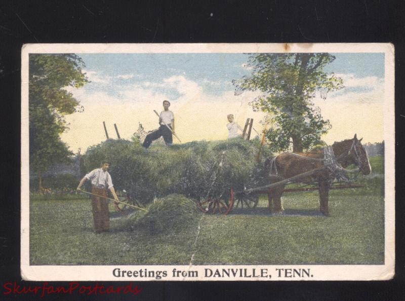 GREETINGS FROM DANVILLE TENNESSEE HORSE DRAWN HAY FARMING VINTAGE POSTCARD