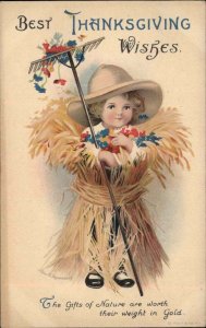 Clapsaddle Thanksgiving Little Boy Wrapped in Straw with Rake Vintage Postcard