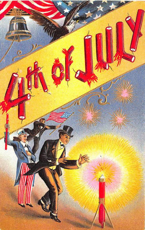 Patriotic July Fourth Uncle Sam Rocket Fire Crackers Embossed Postcard 18