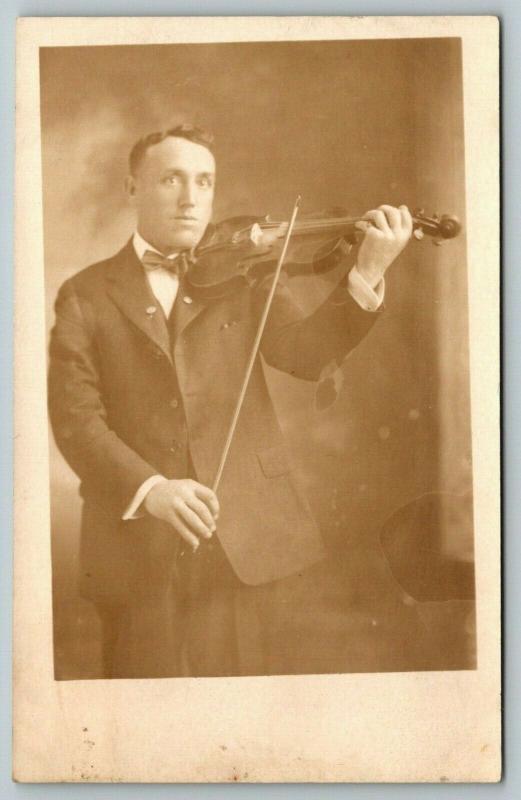 RPPC Violinist Wearing Bowtie is Ready For The Big Concert~Studio Shot~c1914