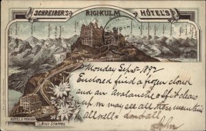 Schreiber Hotel Rihi-Kulm Switzerland EARLY USED 1892 in COLOR Postcard