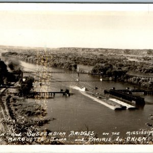 c1950s Mississippi River Bridge Barge RPPC Marquette IA Prairie Du Chien WI A74