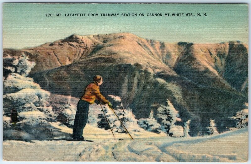 c1940s White Mts, NH Skiing Man Mt. Lafayette from Tramway Station Linen PC A287