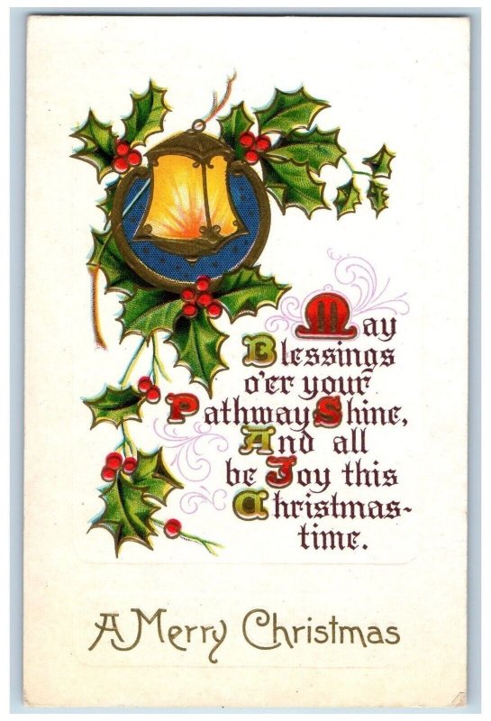 Christmas Postcard Holly Berries Lantern Embossed Clarion Iowa IA c1910's Posted